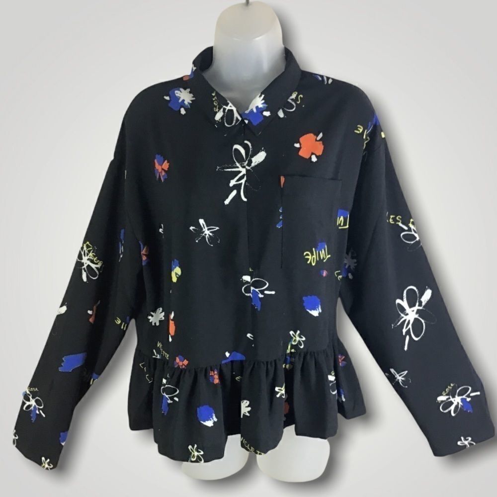 Collusion Black Graffiti Peplum Zip Popover Top